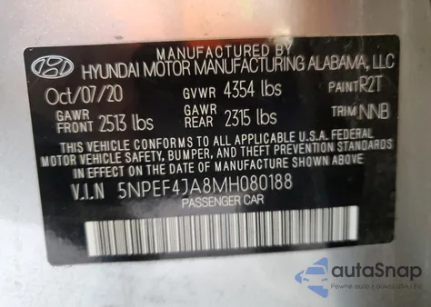 2021 Hyundai Sonata Sel z USA, uszkodzony, nr VIN 5NPEF4JA8MH080188
